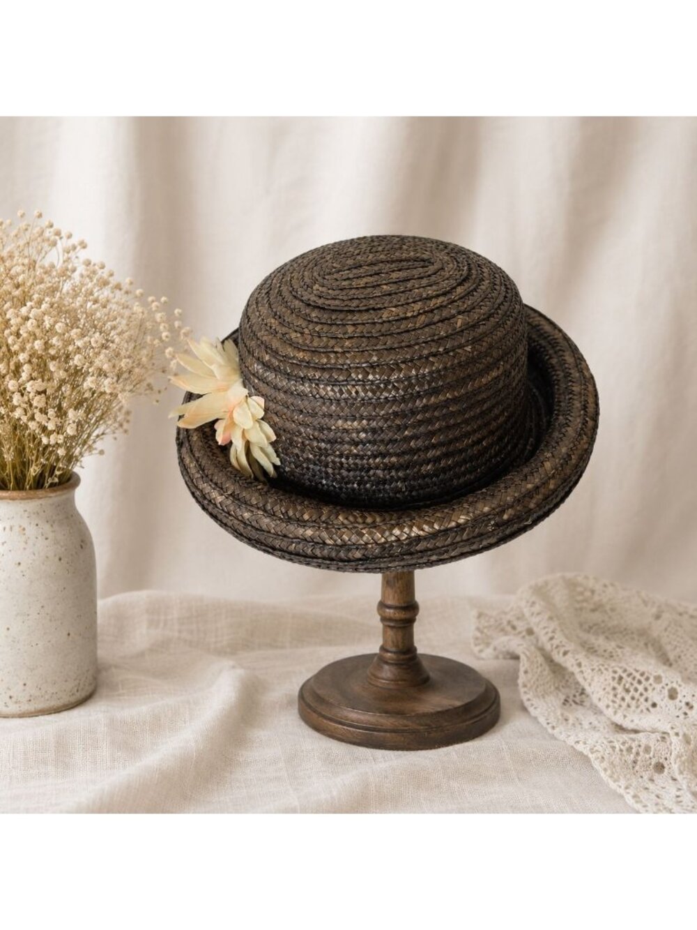 Vintage Brown Woven Straw Cloche Hat Roll Brim Floral Church Millinery Fashion